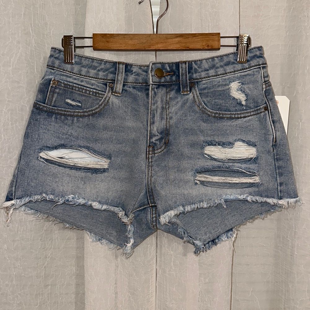 BILLABONG 27 Drift Away Blue Light Wash Raw Fringe Hem Distressed Denim Shorts